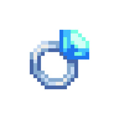 Ring with a precious stone. Logo for the jewelry store. Web site icon. Video game sprite. Pixel art style. Isolated vector illustration.