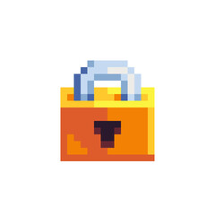 Obraz premium Golden lock sticker, pixel art icon, design for logo, web, mobile app, badges and patches. Isolated on white background vector illustration. Game assets 8-bit sprite.