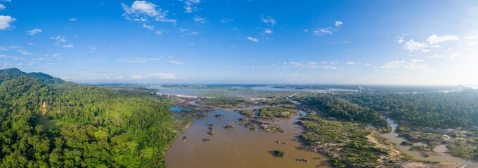 Aerial panoramic 4000 islands Mekong River in Laos, Li Phi waterfalls, famous travel destination backpacker in South East Asia.