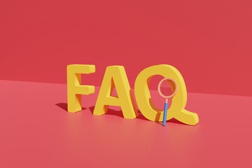 faq frequently asked question big word text with red background and magnifying zoom tools . 3d illustration rendering - obrazy, fototapety, plakaty