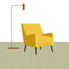 Vector image of a yellow chair. Soft chair with armrests. Behind the chair is a floor lamp. Illustration in a flat style.