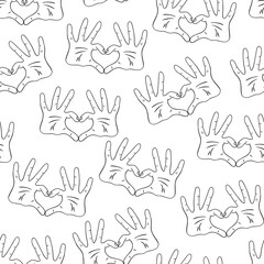 Romantic seamless pattern hands make heart sign. Vector illustration suitable for t-shirt design, label, fabric, wallpaper, stickers, etc.