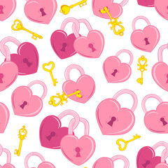 Vector seamless pattern with heart-shaped locks and keys for fabric, textile, valentine for Valentine s Day.