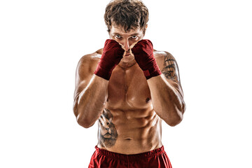 Portrait of athlete boxer in red sportswear who isolated on white background. Sport concept