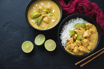 Yellow chicken curry and white rice served in black bowls, horizontal shot with space, high angle view on a black stone background
