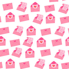 Vector seamless pattern, pink envelope with a letter on a white background. Romantic print for fabric, textile, valentine for Valentine s Day.