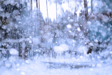 Winter landscape through a frozen window. Blurred snow background. Trees and plants covered with snow.