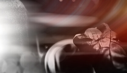 Abstract car background. The driver switches the speed in the car. Hand on gear lever.
