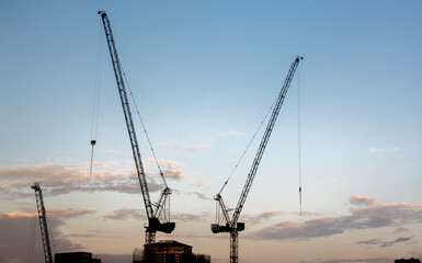 Tower cranes on a job site constructing a skyscraper