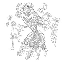 Naklejka premium Contour linear illustration for coloring book with paradise bird in flowers. Tropic bird, anti stress picture. Line art design for adult or kids in zen-tangle style, tattoo and coloring page.