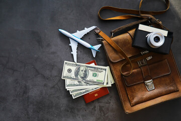 Travel concept. Travel bag with documents. Vacation set, documents, money.