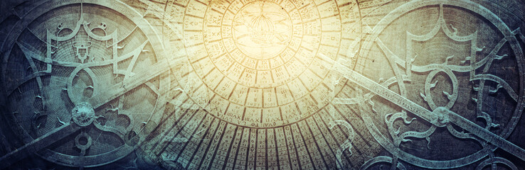 Ancient astronomical instruments on vintage paper background. Abstract old conceptual background on...