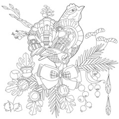 Contour linear illustration for coloring book with bird in forest. Wild bird, anti stress picture. Line art design for adult or kids in zen-tangle style, tattoo and coloring page.