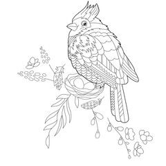 Contour linear illustration for coloring book with bird and nest with flowers. Anti stress picture. Line art design for adult or kids in zen-tangle style, tattoo and coloring page.