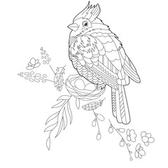 Contour linear illustration for coloring book with bird and nest with flowers. Anti stress picture. Line art design for adult or kids in zen-tangle style, tattoo and coloring page.