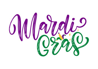 Mardi Gras hand-sketched typography in green and purple colors decorated by funny hat. Mardi Gras traditional festival lettering logo © Екатерина Антипова
