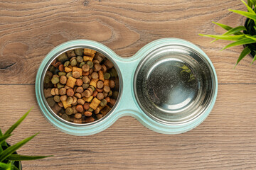 bowl for cat food on a wooden background. double bowl for water and cat food