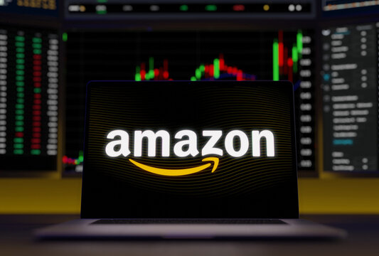 Amazon  logo on a laptop screen trading stock market