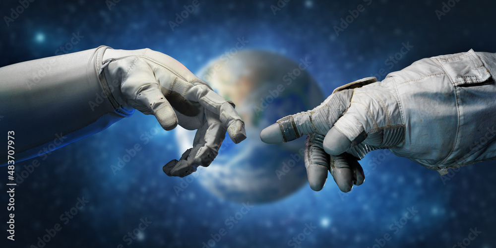 Sticker astronaut hands and on outer space background. elements of this image furnished by nasa.
