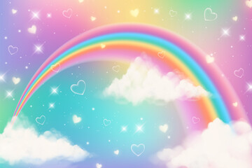 Holographic fantasy rainbow unicorn background with clouds. Pastel color sky. Magical landscape, abstract fabulous pattern. Cute candy wallpaper. Vector. - obrazy, fototapety, plakaty