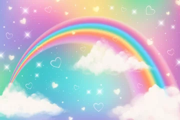 Muurstickers Holografische fantasie regenboog eenhoorn achtergrond met wolken. Pastelkleurige lucht. Magisch landschap, abstract fabelachtig patroon. Leuk snoepbehang. Vector. © Chorna_L