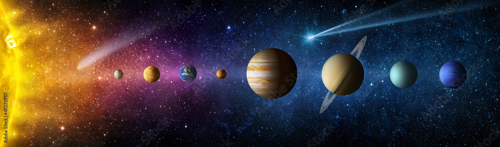 Wall mural sun, mercury, venus, planet earth, mars, jupiter, saturn, uranus, neptune. , galaxies, stars, comet,