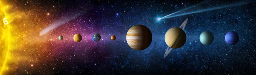Sun, Mercury, Venus, planet Earth, Mars, Jupiter, Saturn, Uranus, Neptune. , galaxies, stars,...