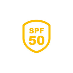 Sun protection SPF 50 simple flat icon vector. SPF 50 icon. Shield icon