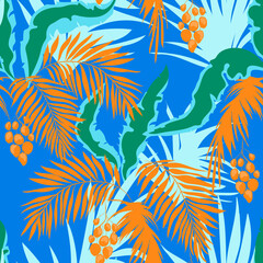 Fototapeta na wymiar Tropical vector pattern with palm leaves. Exotic style. Seamless botanical print for textile, print, fabric on color background