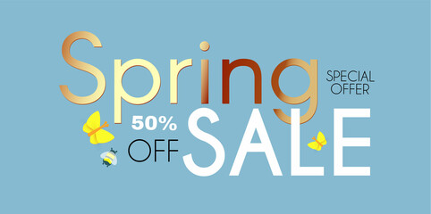 Spring sale poster template with butterflies, bees, water drops and crocus flowers. Season offer.
