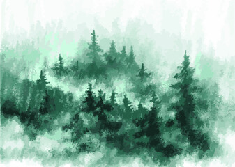 Beautiful misty spruce forest. Vector illustration of turquoise color, drawn by hand. Interior design, wallpaper, screensaver, cover, background, wallpaper, book illustration.