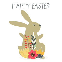 Happy Easter lettering with a vector illustration of a rabbit decorated with flowers, for invitations, birthdays, cards, banners.