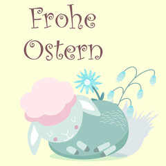 Happy Easter lettering in German Frohe Ostern with a vector illustration of a lamb with flowers on a background for invitations, birthdays, cards, banners.