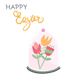Abstract flowers under a glass jar, inscription Happy Easter, for invitations, birthdays, cards, banners.