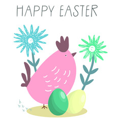 Happy Easter text  with a hen and two eggs vector illustration, suitable for invitations, birthdays, cornflowers sutable for cards, banners.