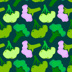 Vector broccoli pattern seamless. Green cabbage flowering illustrations. Vegan restaurant background, vegetarian wallpaper. Organic food ornament. Textured vegetable backdrop for farmers market design