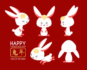 Cartoon Rabbit set. Happy Chinese New Year cute bunny character collection. Chinese text means "Year of the Rabbit"