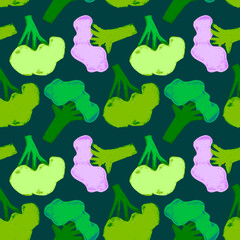 Naklejka premium Vector broccoli pattern seamless. Green cabbage flowering illustrations. Vegan restaurant background, vegetarian wallpaper. Organic food ornament. Textured vegetable backdrop for farmers market design