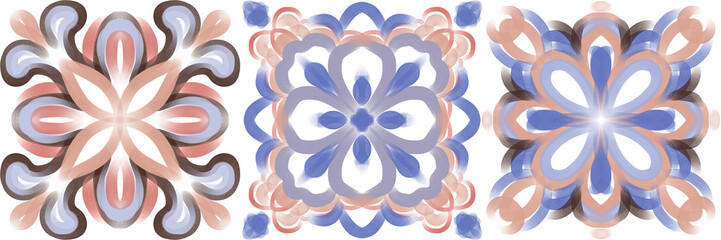 Set of watercolor illustrations - ceramic tile stylization with color ornaments. Azulejos portugal, Turkish ornament, Moroccan tile mosaic, Talavera ornament.