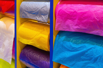 Multicolor rolls of polyethylene film in stock. Modern warehouse and storage systems.