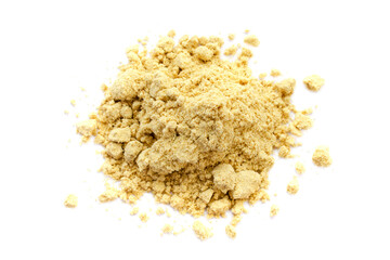 Yellow mustard powder isolated on white background, top view. Heap of yellow mustard powder isolated on white background, top view. Mustard powder on a white background, spice, top view.