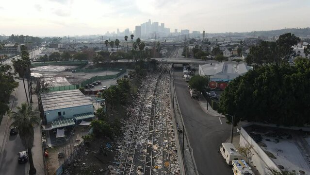 Downtown Los Angeles aerial view with trash
