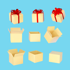 Cardboard boxes mockups set. 3D carton delivery packaging and gift box. Open and closed. Gift box with bow.