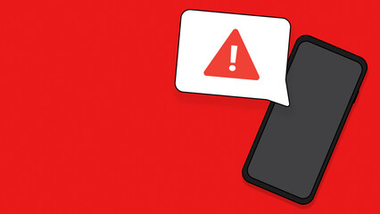 Cartoon black smartphone with empty speech bubble notification. New message, alert, maleware, virus, antivirus concept. Isolated on red background horizontal banner illustration with text area