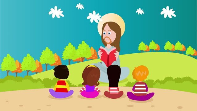 Jesus reads bible to group of little kids at park