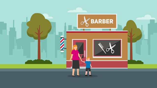 Little boy going to barbershop with his mother