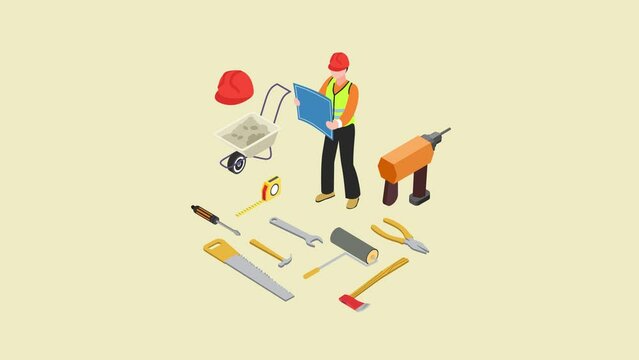 Male engineer holding a blueprint near tools