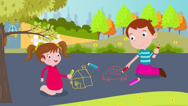 Two little kids drawing house and car on the road