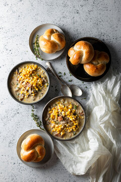 Corn Chowder with Bread Rolls