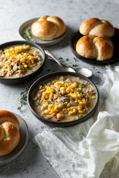 Corn Chowder with Bread Rolls